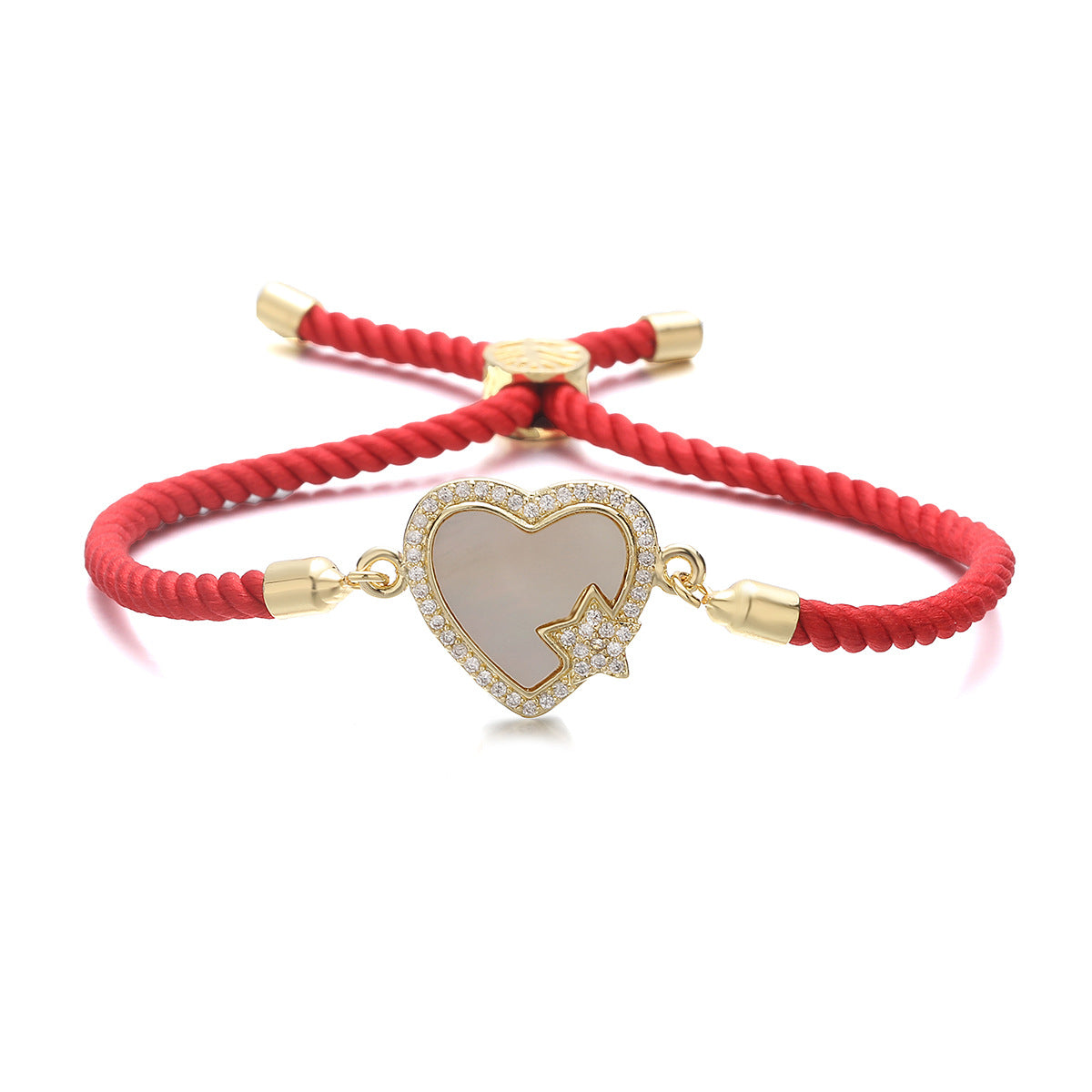 Light Luxury Fashion 18K Gold Plated Brass Heart Hand Micro-inlay Cubic Zirconia Shell Red Rope Bracelet for Women
