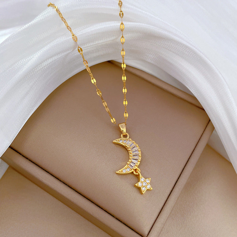 Collana con pendente in acciaio al titanio lusso dolce fresco stella luna geometrica strass unisex