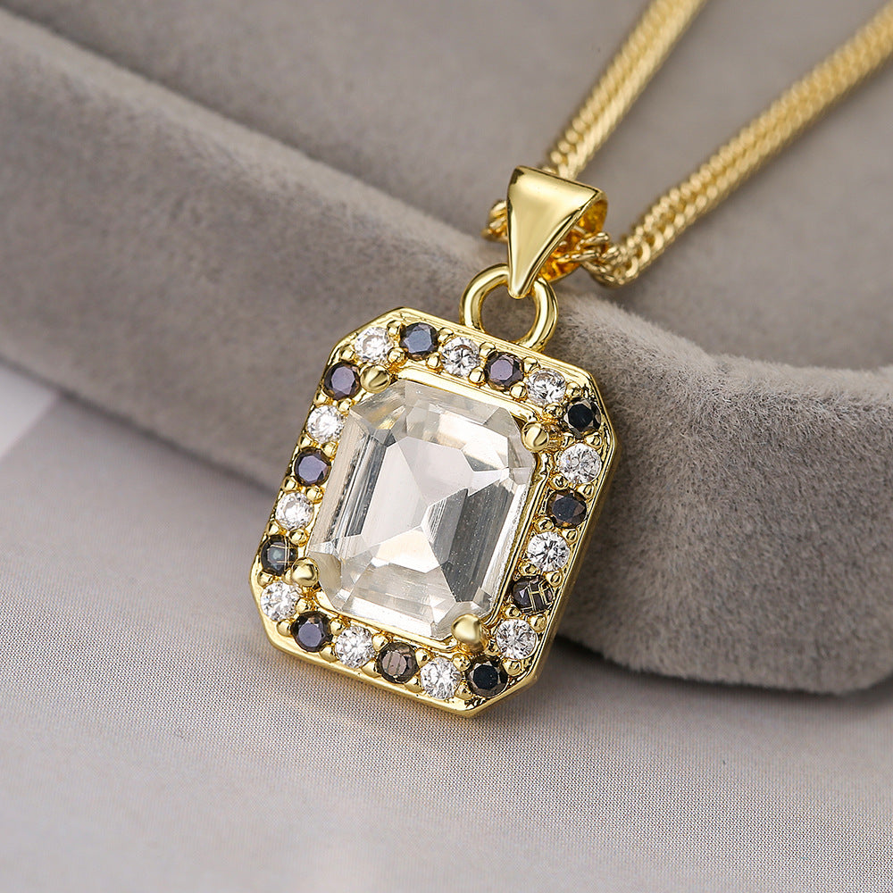 Geometric Square Zircon Pendant Necklace for Women in Copper with Fashionable Minimalist and Office-Appropriate Design