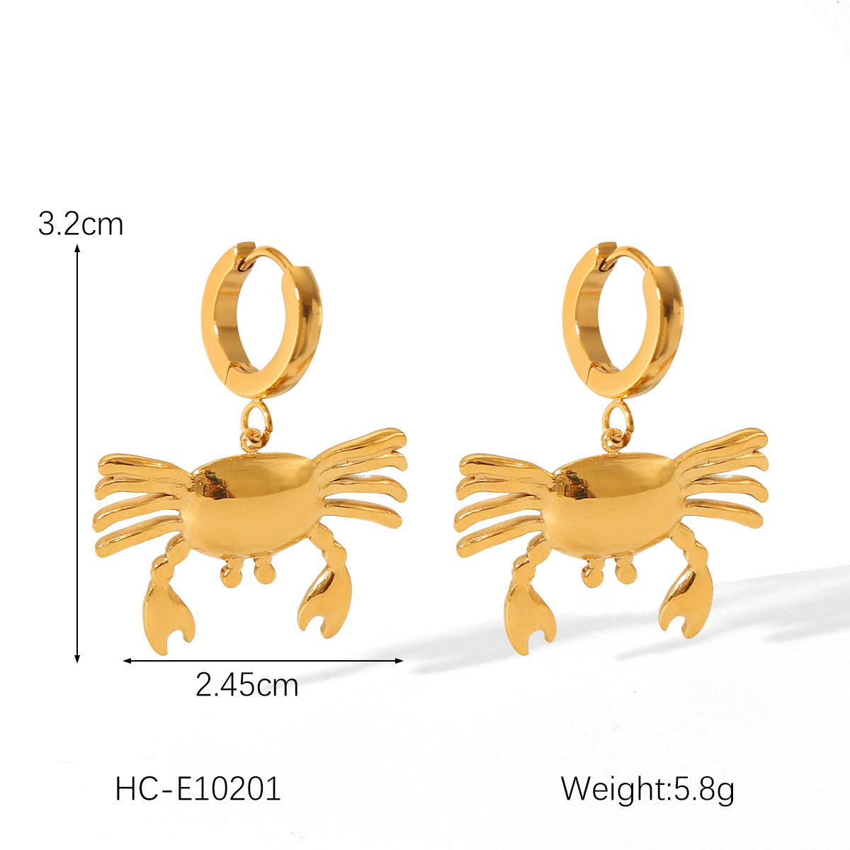 INS Style Crab and Starfish Shell-Shaped Earrings for Women in Titanium Steel with 18K Gold Plating
