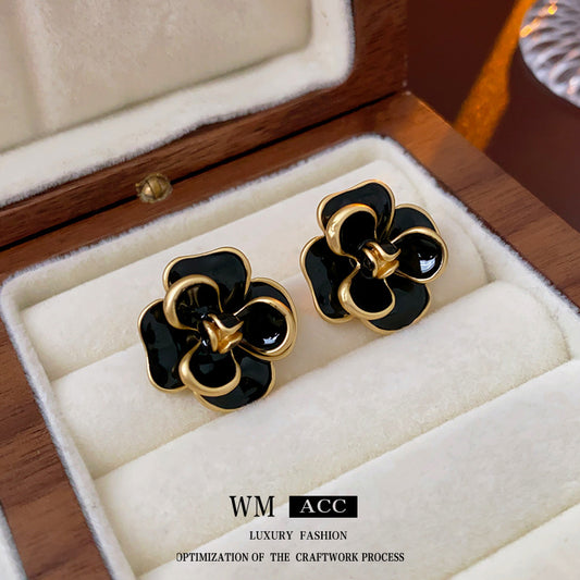 Vintage Style Camellia Flower Shape Enamel Earrings with 925 Silver Posts and Copper Base for Women