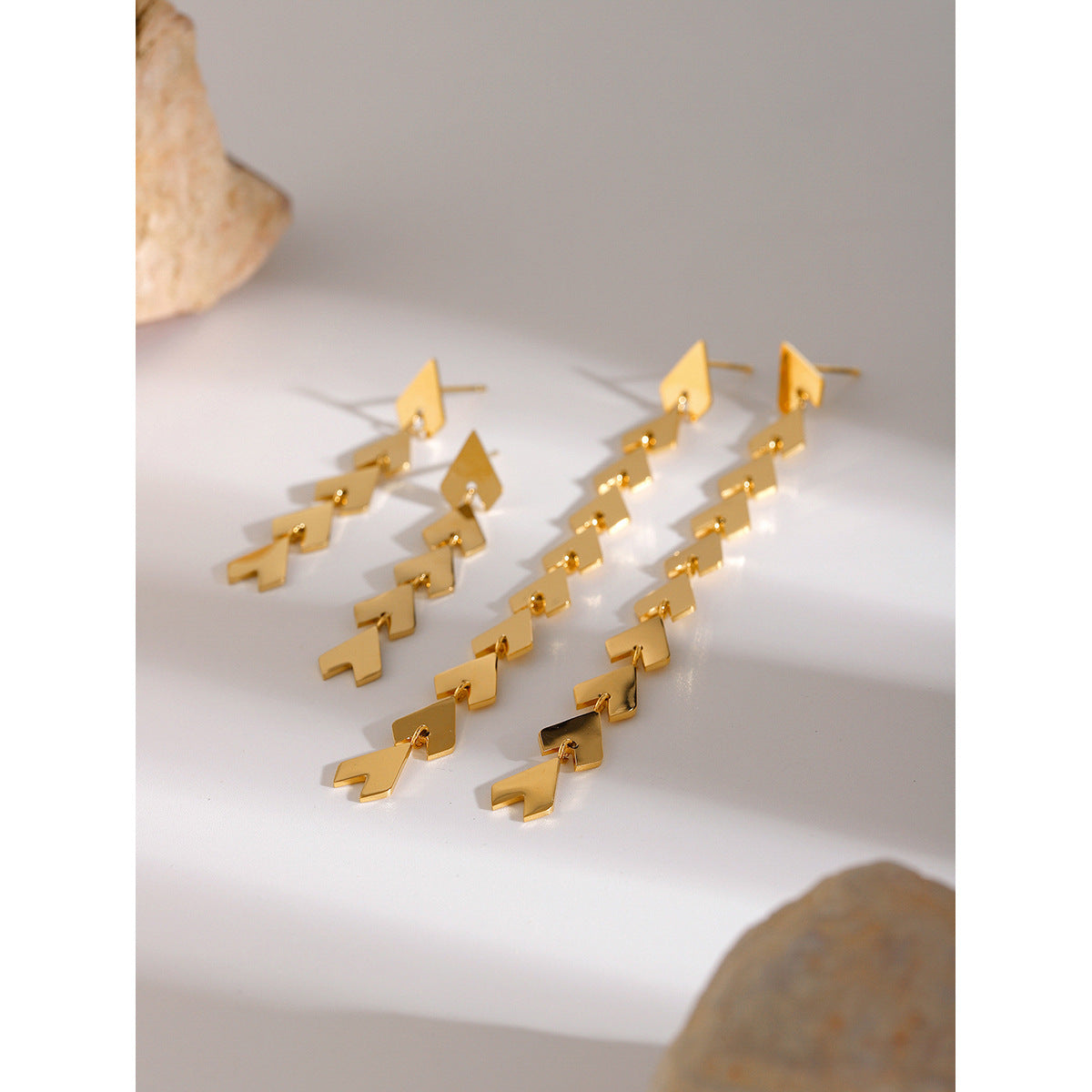 Minimalist 18K Gold Plated Plant Stainless Steel Asymmetrical Long Drop Earrings with Tassel