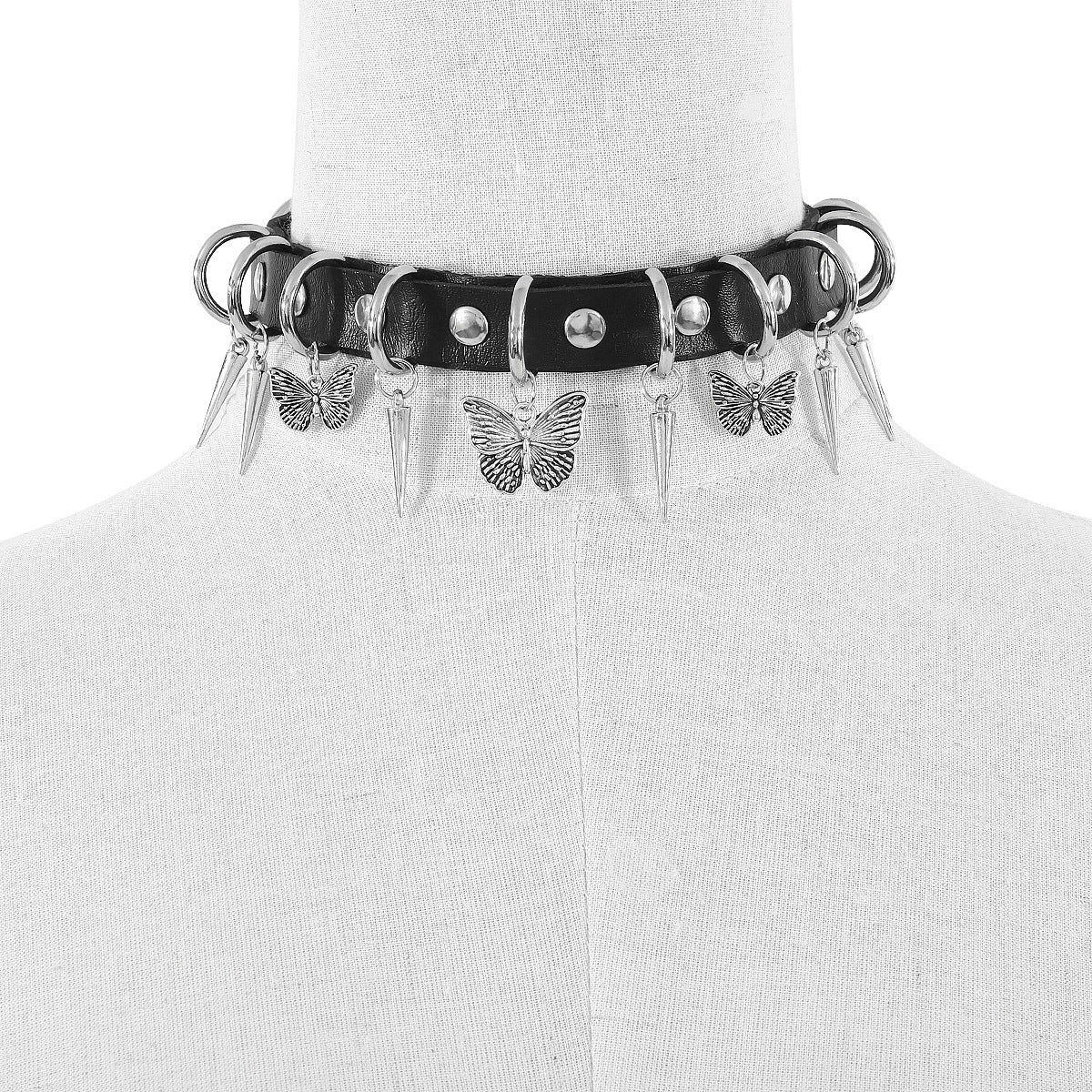 Gargantilla geométrica de cuero PU dulce y atrevida para mujer con diseño de mariposa con remaches y acabado artesanal