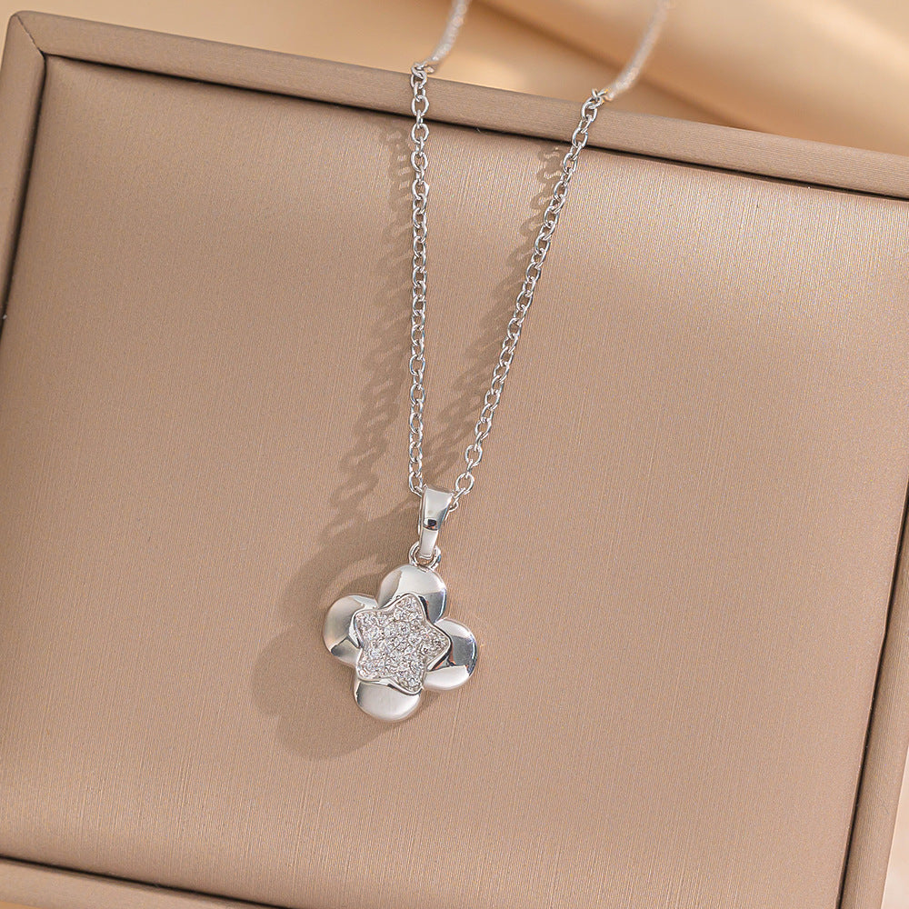 Minimalist Geometric Star and Four-Flower Titanium Steel Necklace for Women with Electroplated Finish and Snake Chain