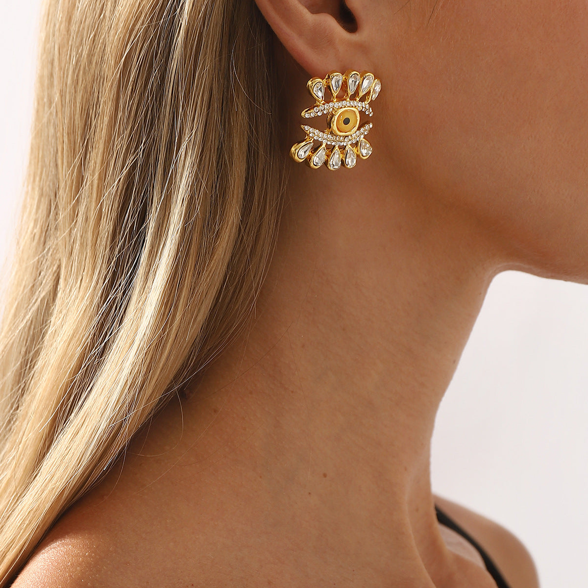 Retro Abstract Eye-Shaped Dripping Water Drop Alloy Earrings with Rhinestone Inlay for Women