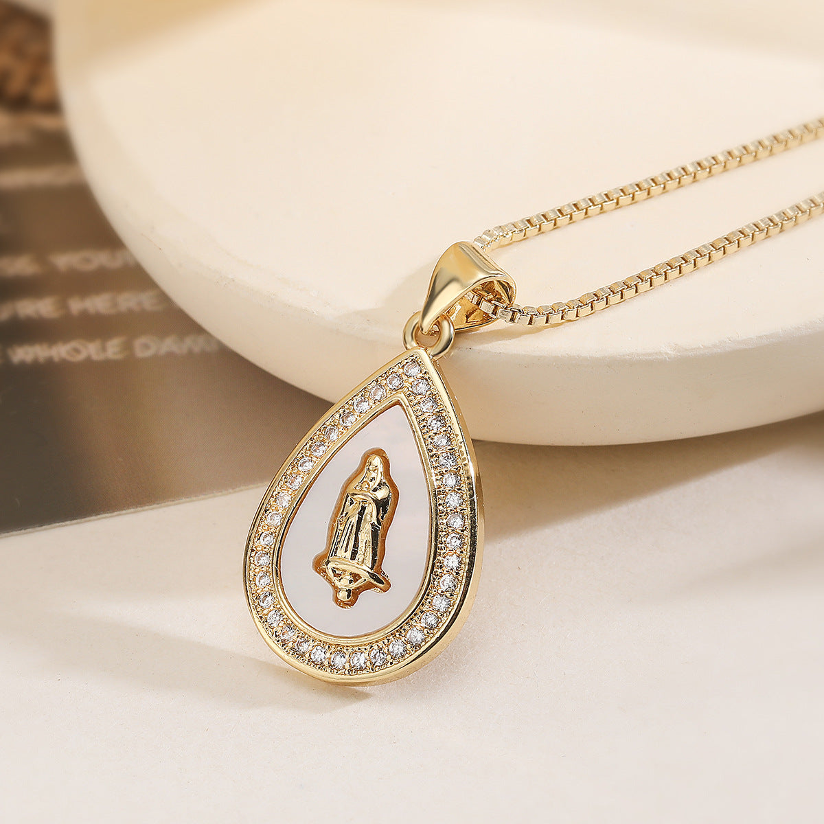 Vintage Minimalist 18K Gold Plated Brass Teardrop Virgin Mary Eye Pendant with Cubic Zirconia and White Mother of Pearl