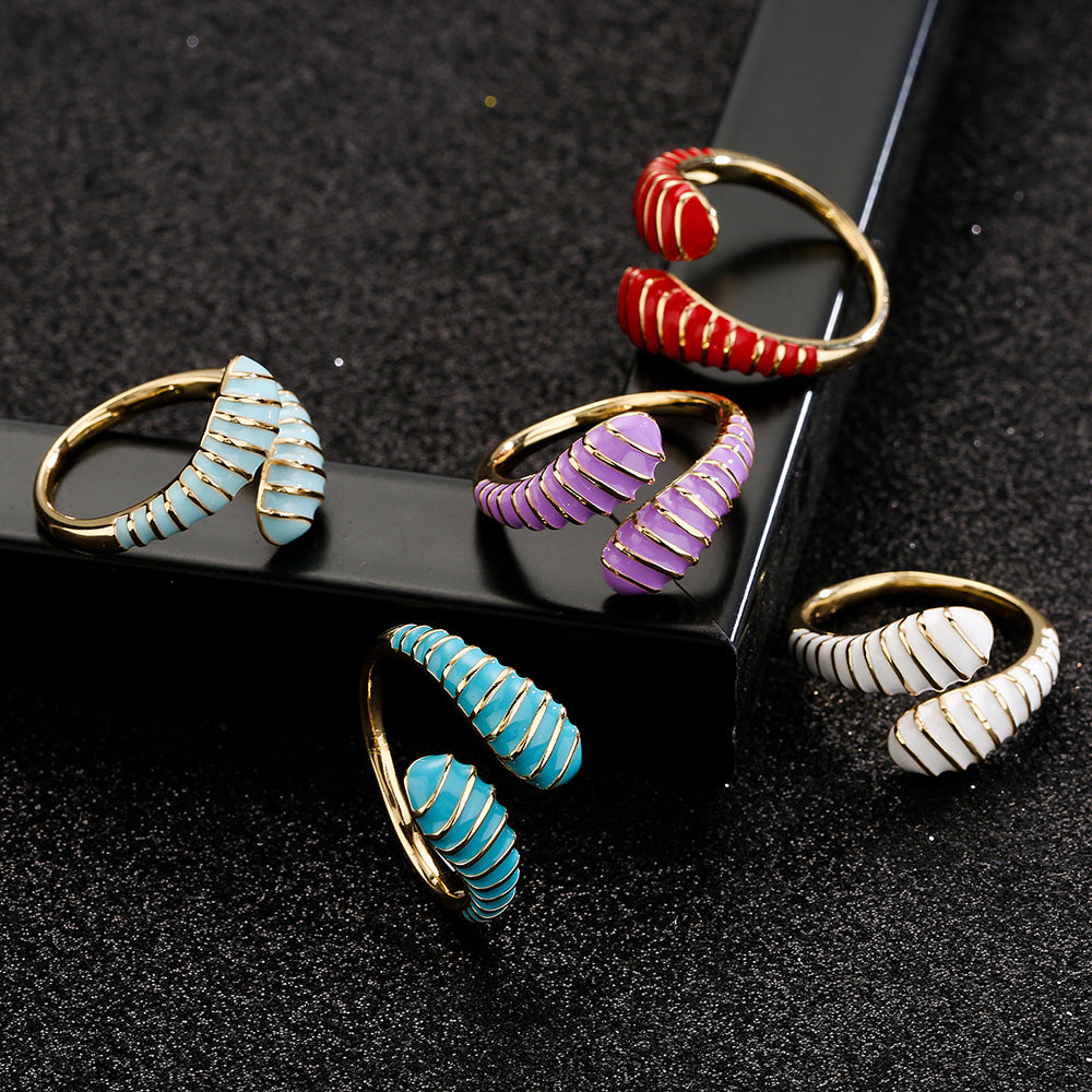 Anello Aperto Geometrico Vintage da Donna in Rame con Placcatura in Oro 18K e Finitura Smaltata