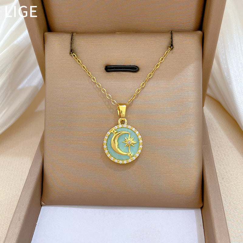 Sweet Minimalist Round Star Moon Geometric Rhinestone Titanium Steel Necklace Unisex Cable Chain