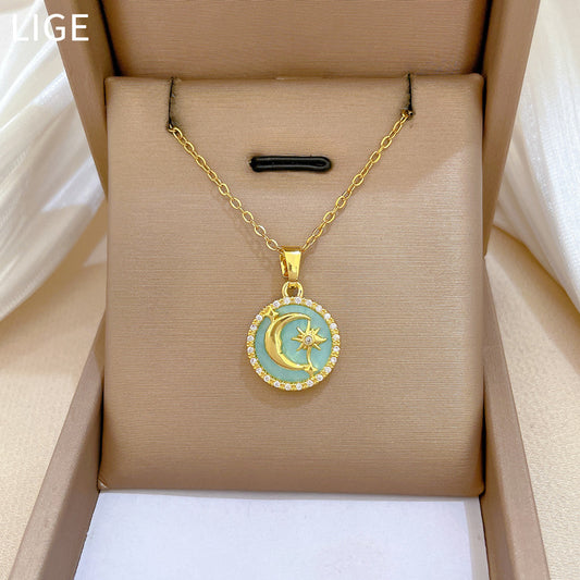 Sweet Minimalist Round Star Moon Geometric Rhinestone Titanium Steel Necklace Unisex Cable Chain