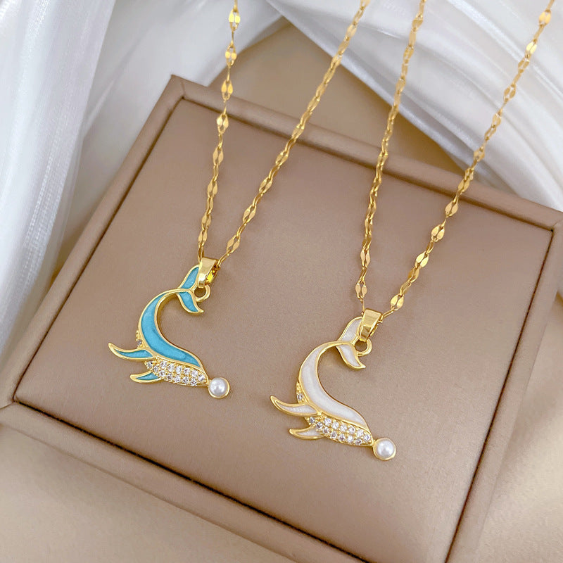 Luxury Dolphin Pendant Necklace with Zircon Inlay on Titanium Steel Chain for Women, Geometric Design, Delicate Clavicle Jewelry