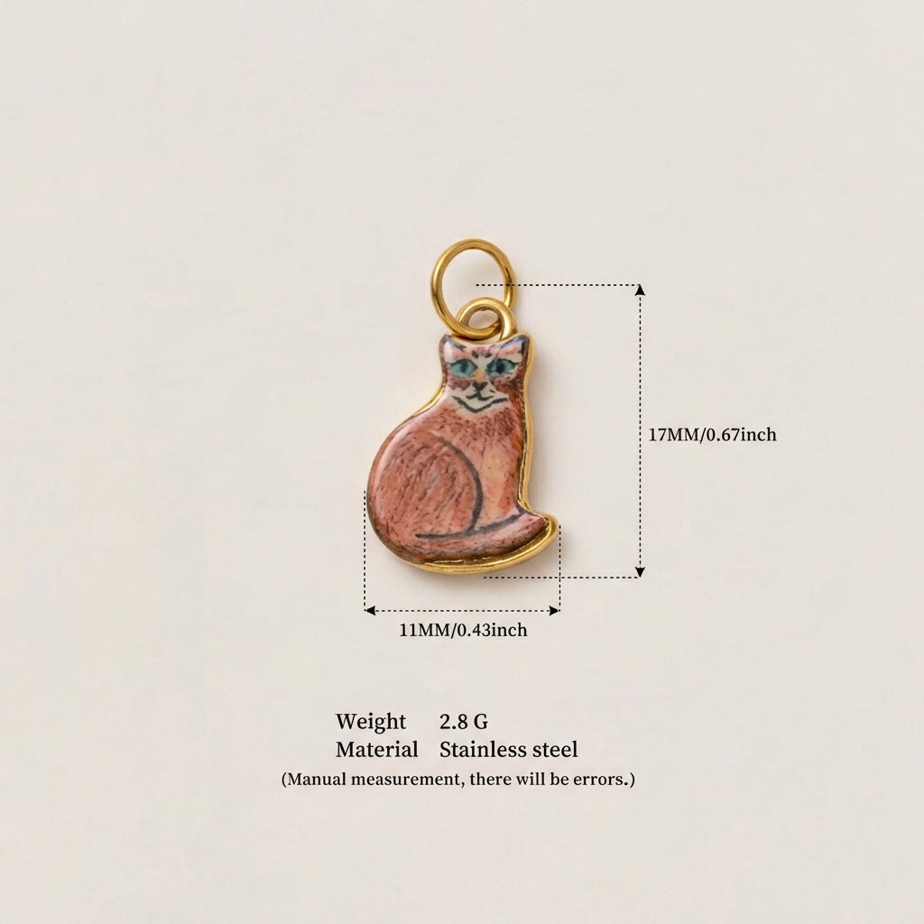 Cute Cat Ceramic Drip Oil Plated Stainless Steel Charm Bar Pendant