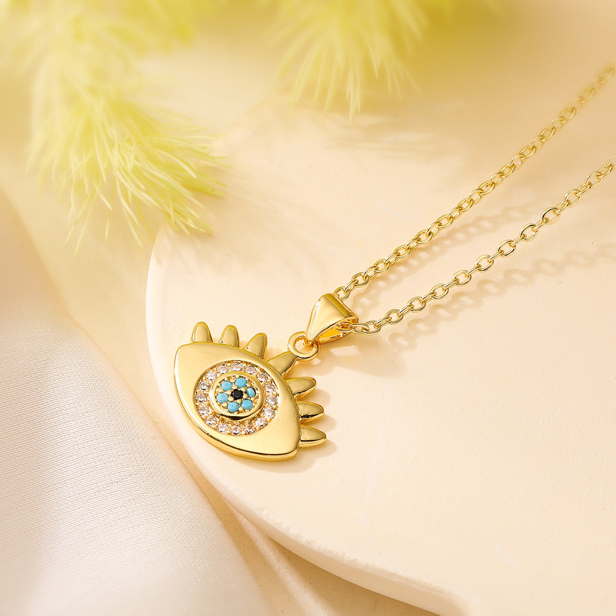 Minimalist Geometric Copper Necklace with 18K Gold Plating and Zircon Evil Eye Pendant for Women