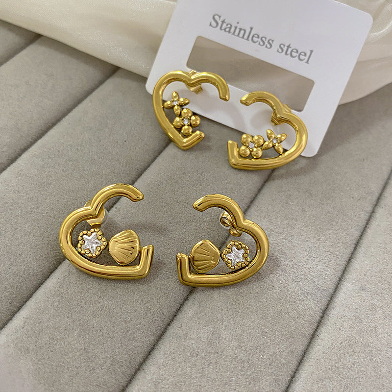 Minimalist Sweet Gold Plated Brass Hollow Heart Shell Stud Earrings