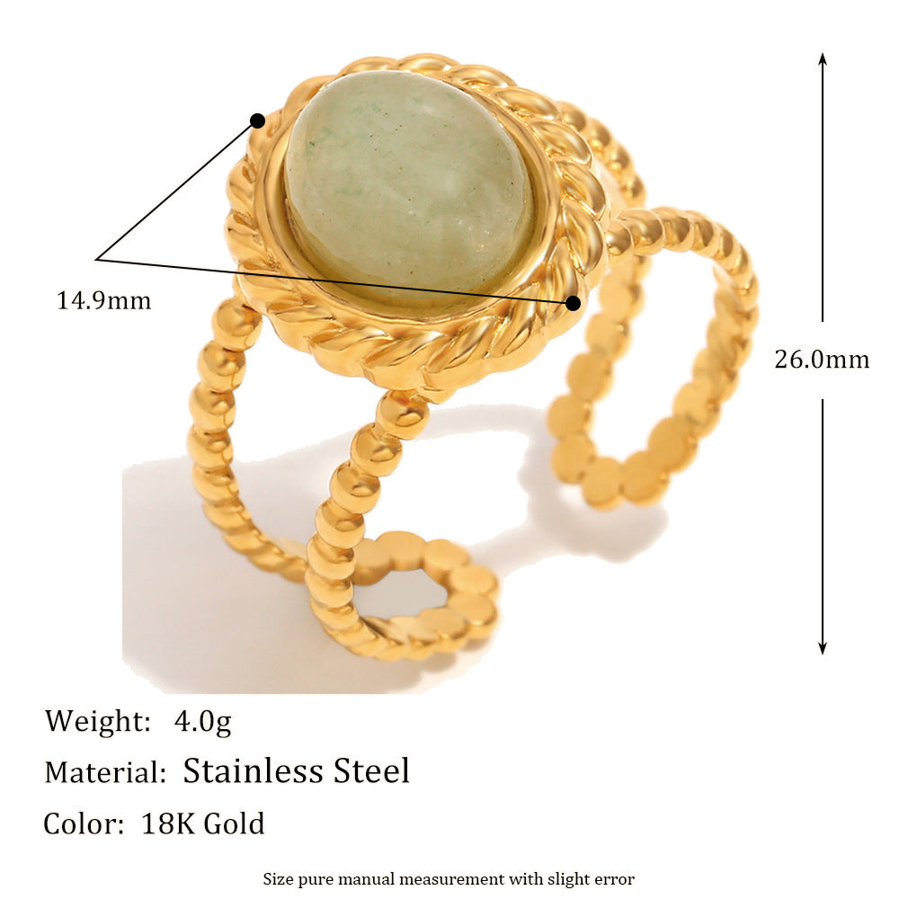 Vintage Style Geometric Stainless Steel Ring with 18K Gold Plating and Green Aventurine Inlay for Women