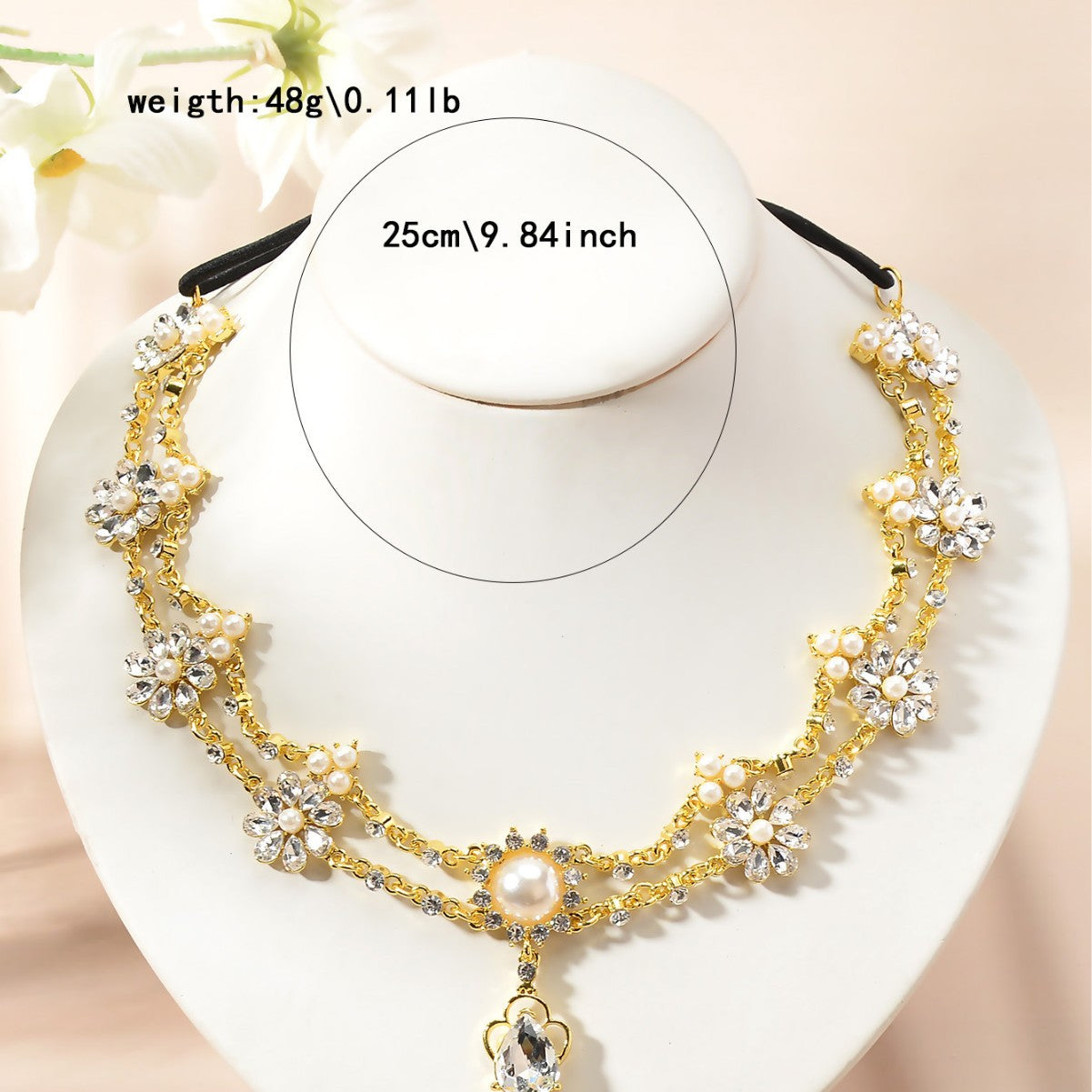 Luxury Elegant Floral Plated Pearl Rhinestone Necklace for Women Wedding Party
