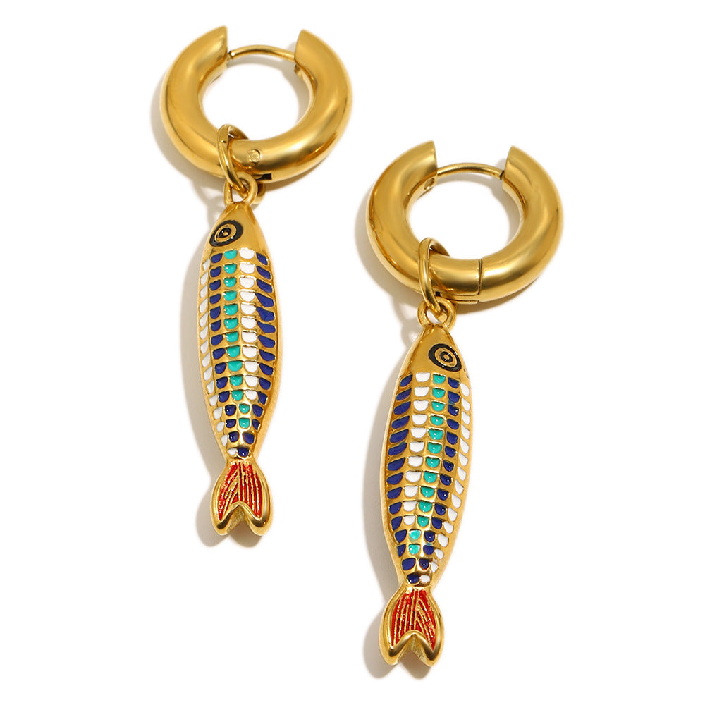 Colorful Drip Oil Plated 18K Gold Stainless Steel Fish Earrings for Women