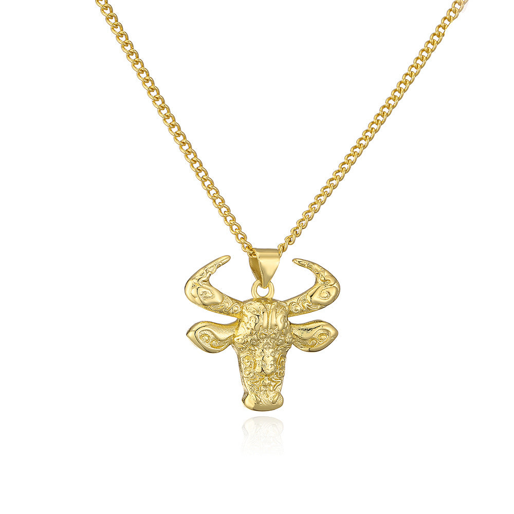 Punk Style Bull Pendant Necklace for Women with Copper Base and 18K Gold Plating, Minimalist Animal Design Locket Chain