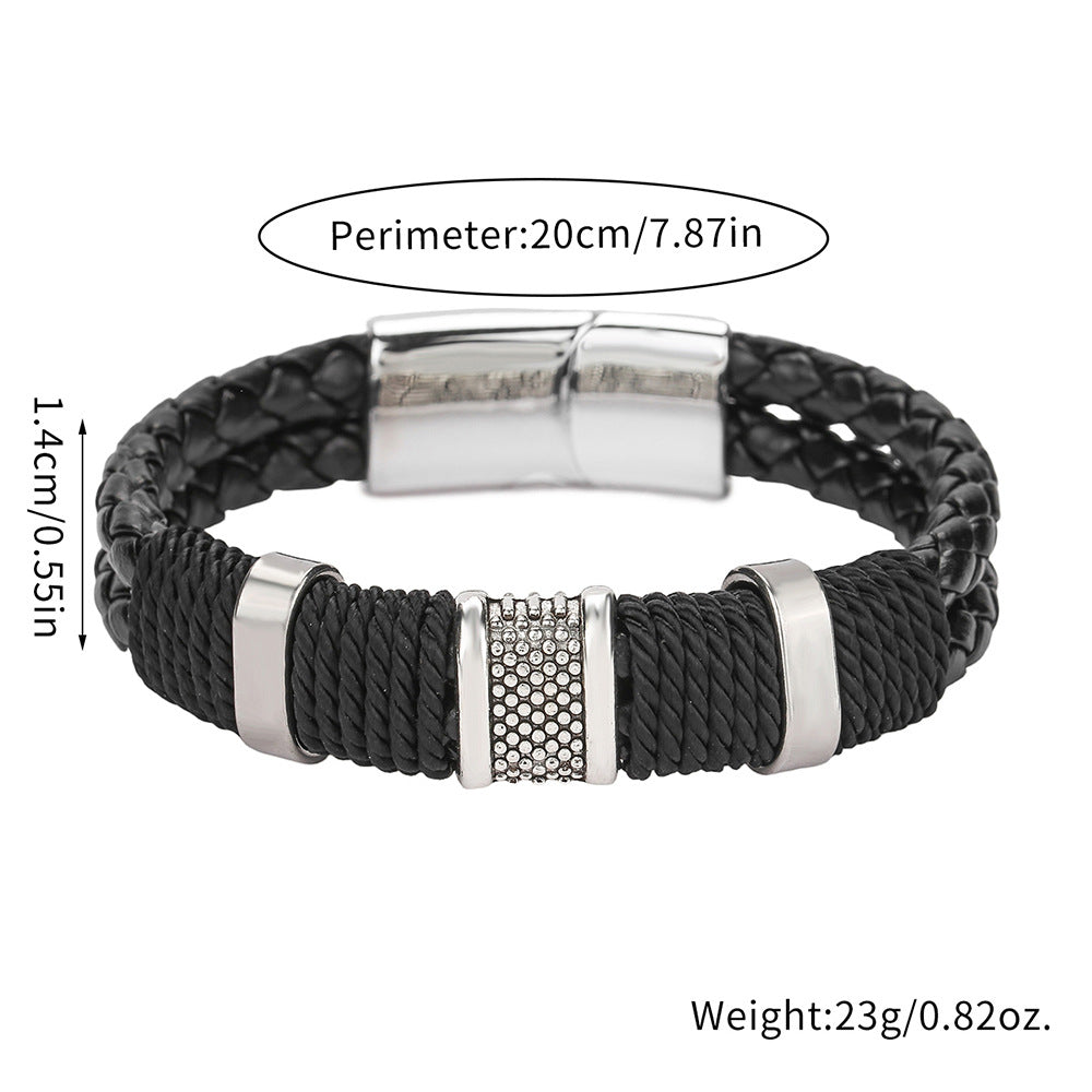 Hip-hop Round Leather Handmade Braided Multi-layer Bracelet with Magnetic Clasp