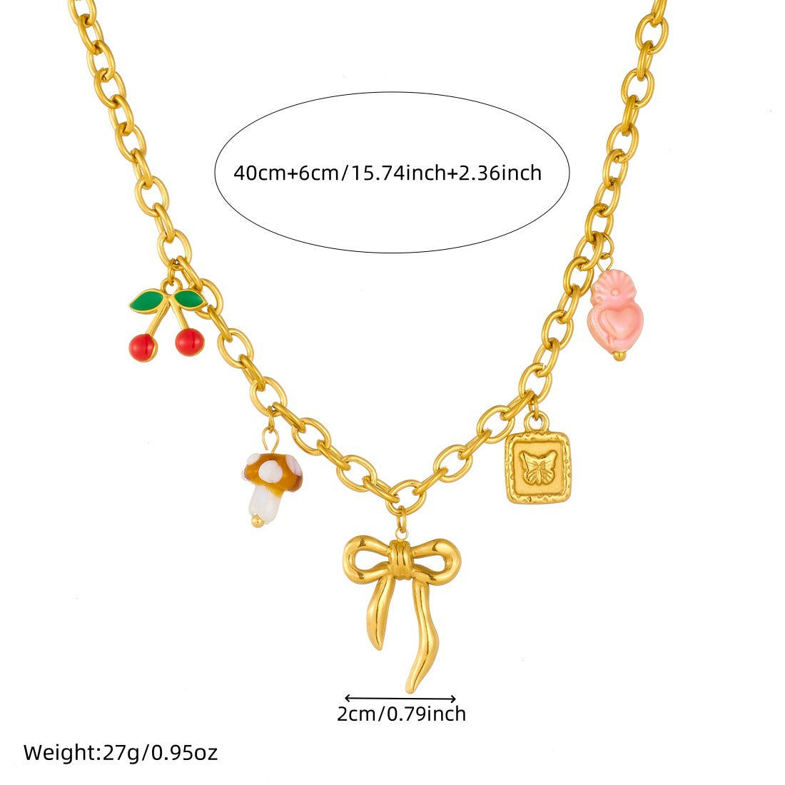 Sweet Gold Plated Drip Oil Fruit Mushroom Heart Cherry Bow Stainless Steel Necklace with Cable Chain