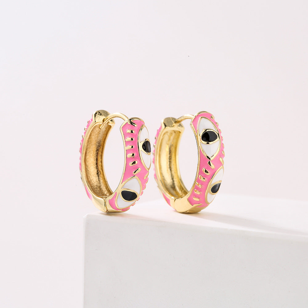 Bohemian Style Geometric Copper Hoop Earrings with 18K Gold Plating and Enamel Eye Detail for Women