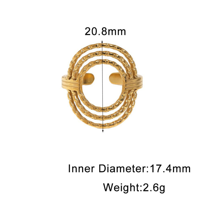 Elegant Minimalist Geometric Round Textured 18K Gold Plated Stainless Steel Open Ring for Women
