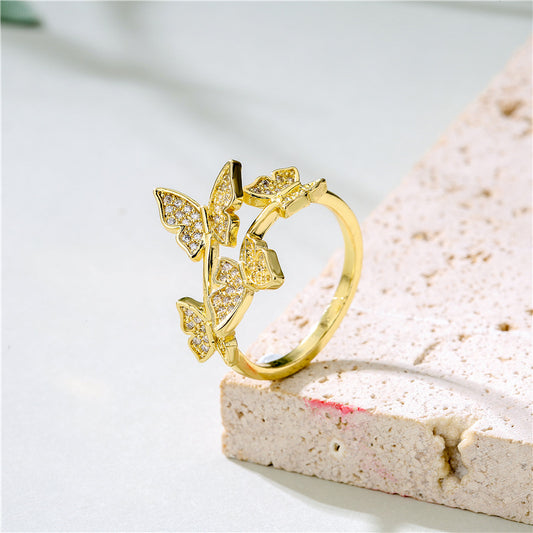 Minimalist 18K Gold Plated Brass Geometric Butterfly Ring with Cubic Zirconia