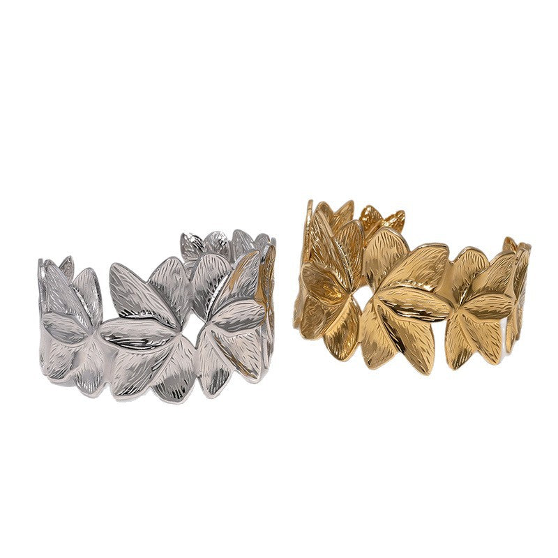 Minimalist 18K Gold Plated Stainless Steel Petal Open Cuff Bracelet for Women Adjustable