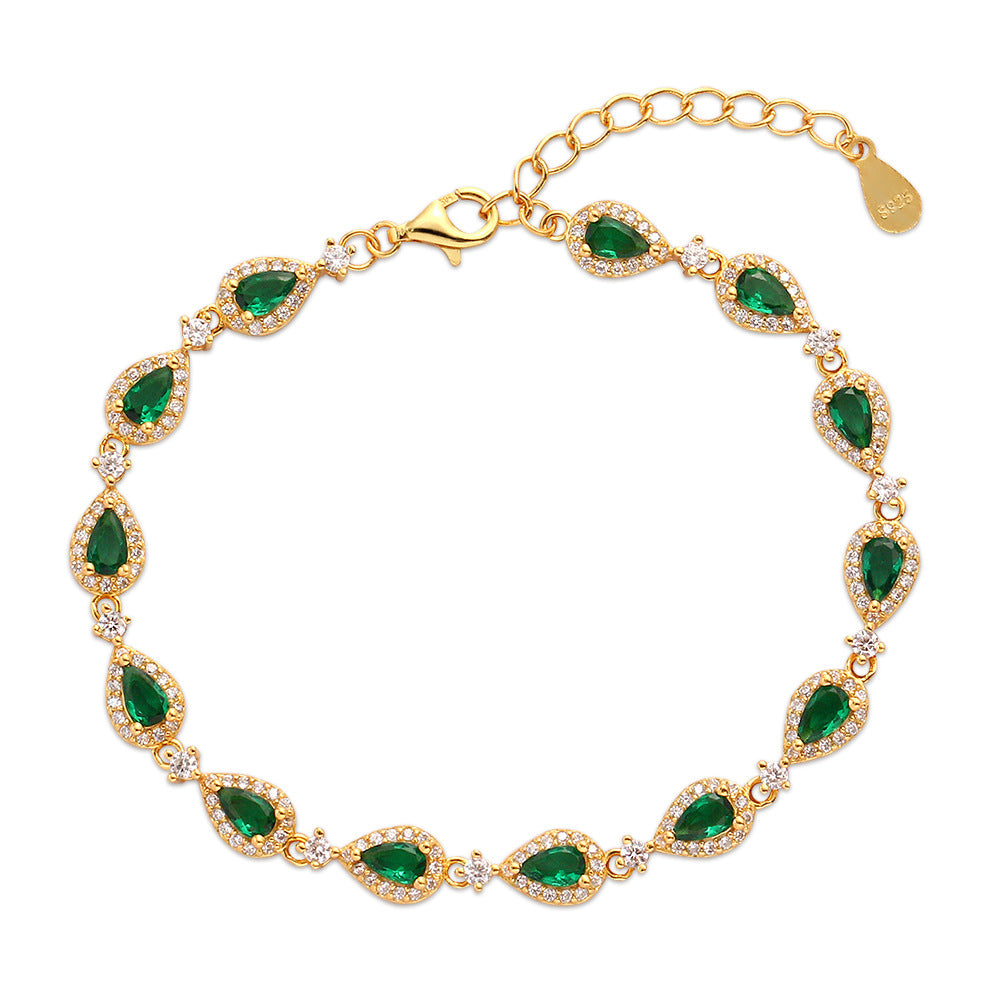 Vintage Geometric Emerald Green Rhinestone-Set S925 Sterling Silver Bracelet for Women with Luxe Elevated Aesthetic