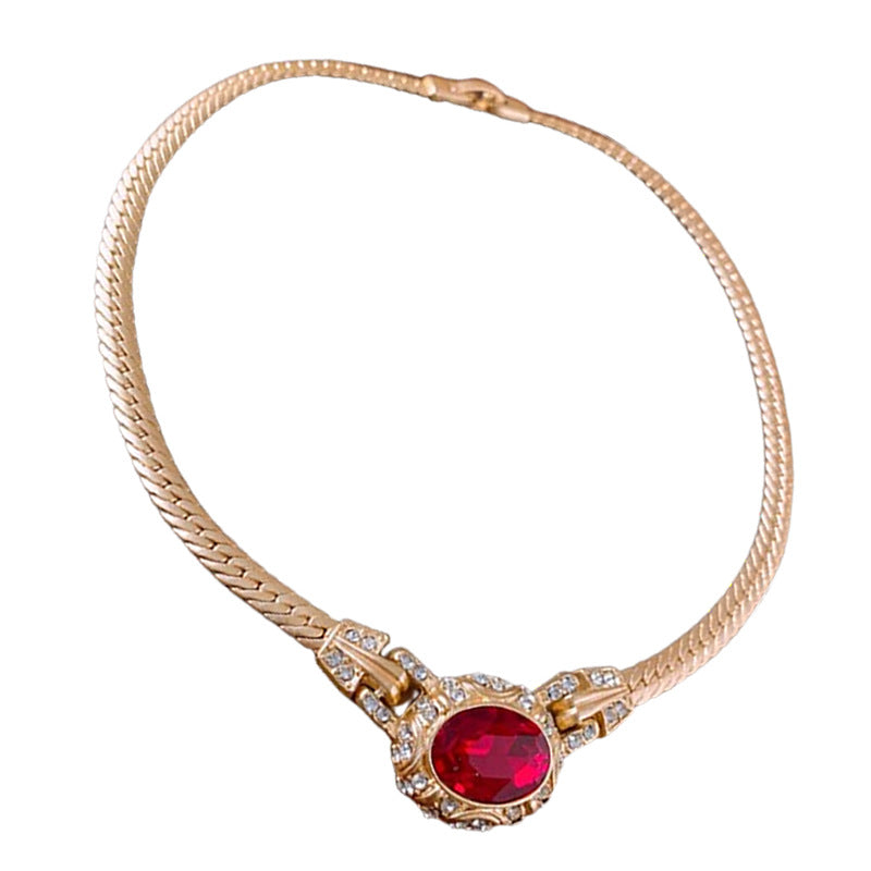 Collana con Ciondolo Ovale Geometrico Vintage con Intarsio di Strass in Lega, Collana a Catena Snake per Donne