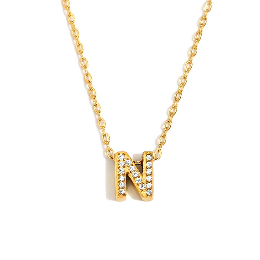 Minimalist Fashion Letter Pendant Necklace for Women Stainless Steel with 18K Gold Plating and Rhinestone Inlay