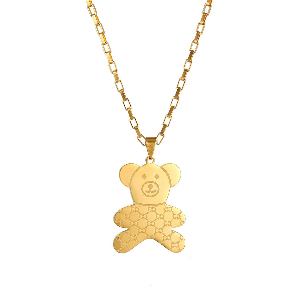 Fashion Casual Bear Animal Titanium Steel Plated Alloy Pendant Box Chain Necklace for Women