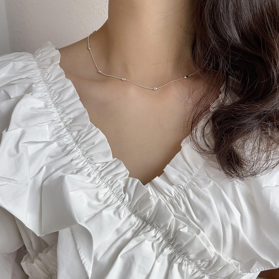 Natural and Fresh Minimalist Olive Bead Necklace for Women in 925 Sterling Silver with Pearl-Like Beads