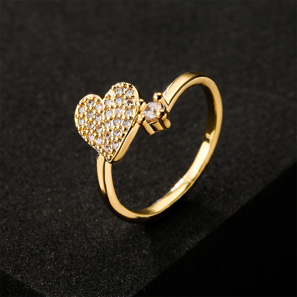 Elegant 18K Gold Plated Heart Geometric Brass Ring with Micro-Inlaid Cubic Zirconia for Women