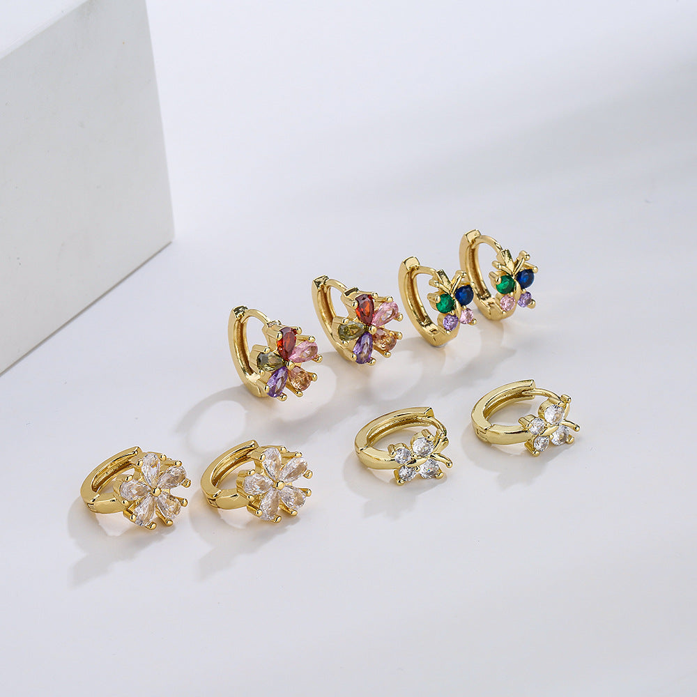 Orecchini a farfalla floreale geometrica minimalista in rame con placcatura in oro 18K e dettagli in zircone