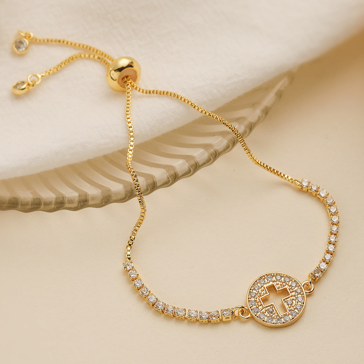Minimalist Luxury Gold Plated Brass Geometric Cross Bracelet with Cubic Zirconia for Women