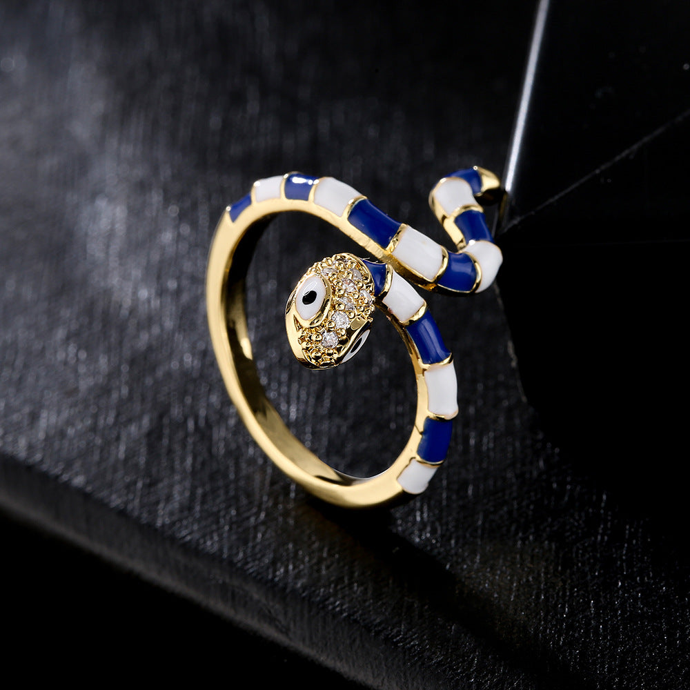 Anello Serpente Geometrico Minimalista da Donna in Rame con Placcatura in Oro 18K e Intarsi in Zircone