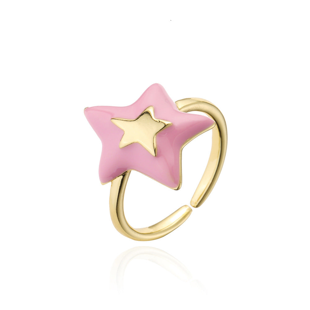 Minimalist Irregular Five-Pointed Star Open Ring for Women in Copper with 18K Gold Plating and Enamel Finish