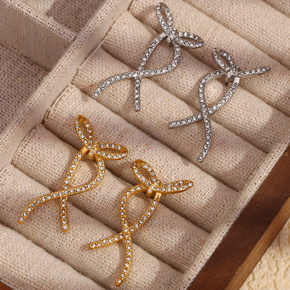 Minimalist Twisted Butterfly Stud Earrings in Stainless Steel with 18K Gold Plating and Full Rhinestone Inlay for Women