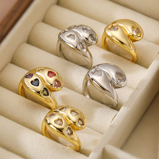 Minimalist Geometric Open Heart Ring for Women in Copper with Gold Plating and Zircon Inlay