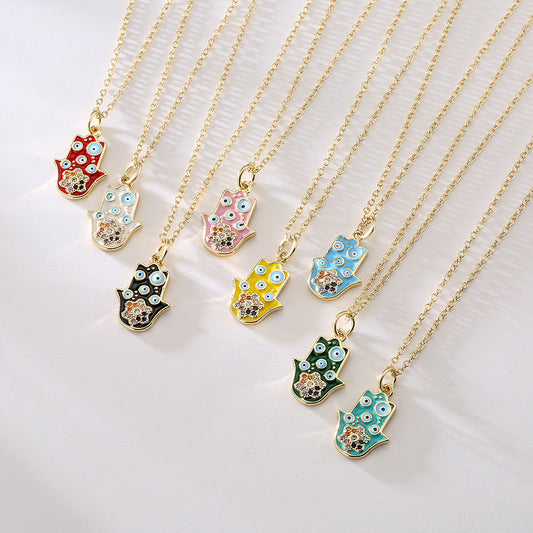 Minimalist Geometric Fatima Hand Pendant Necklace for Women in Copper with 18K Gold Plating and Enamel Finish Featuring Cubic Zirconia Accents