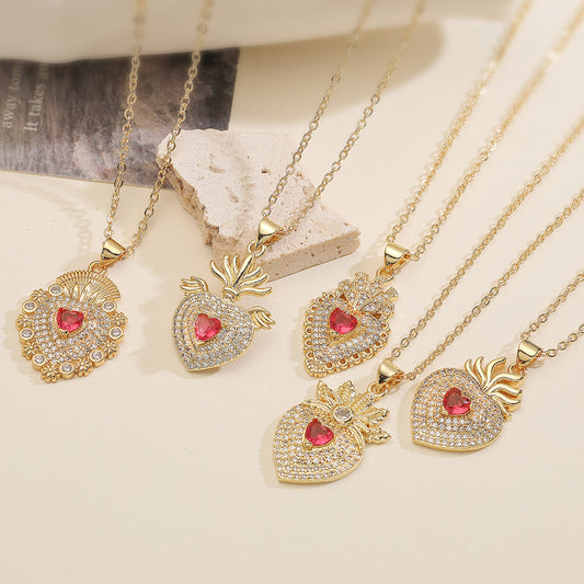 Vintage Minimalist 18K Gold Plated Brass Geometric Heart Cubic Zirconia Pendant Necklace