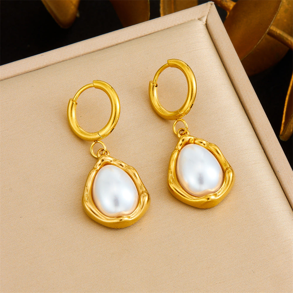 Vintage Elegant Gold Plated Stainless Steel Large Pearl Teardrop Earrings