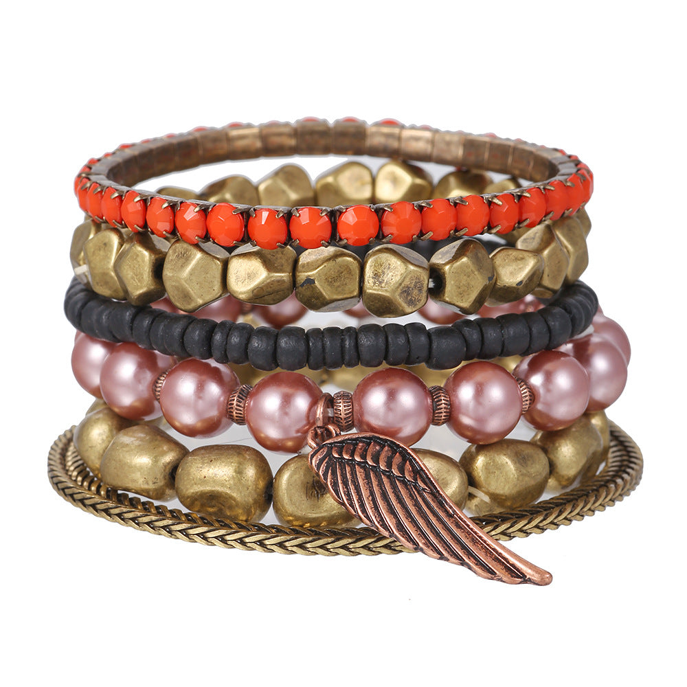 Vintage Bohemian Geometric Round Alloy Acrylic Pearl Bracelet Set