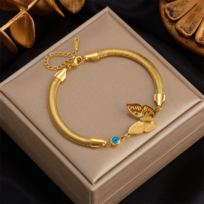 Bracciale in Acciaio Inox da Donna con Finitura Placcata e Ciondolo a Farfalla Turchese d'Ispirazione Vintage