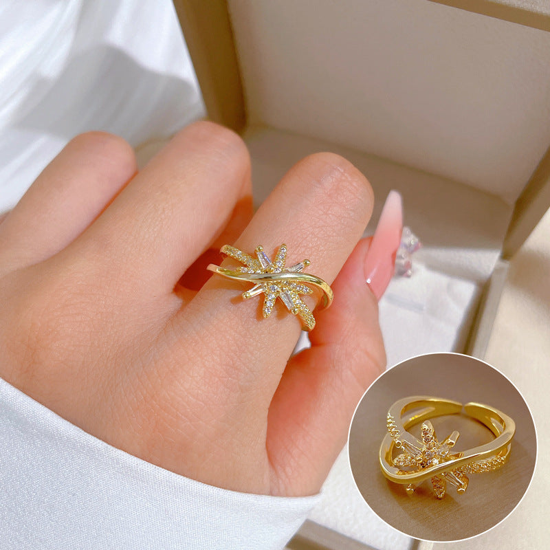 Luxury Minimalist Plated Brass Crown Rhinestone Adjustable Ring for Women