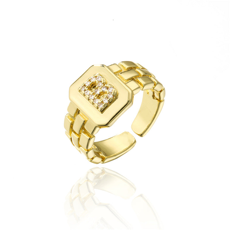 Minimalist Adjustable Open Ring with 18K Gold Plated Copper Band and AAA Zircon Letters Design