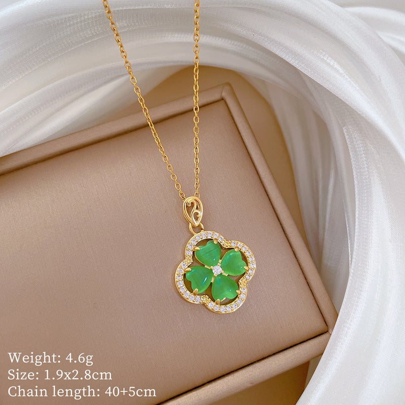 Cartoon Style Four-Leaf Clover Pendant Necklace in Stainless Steel with Rhinestone Inlay for Women and Unisex Wear