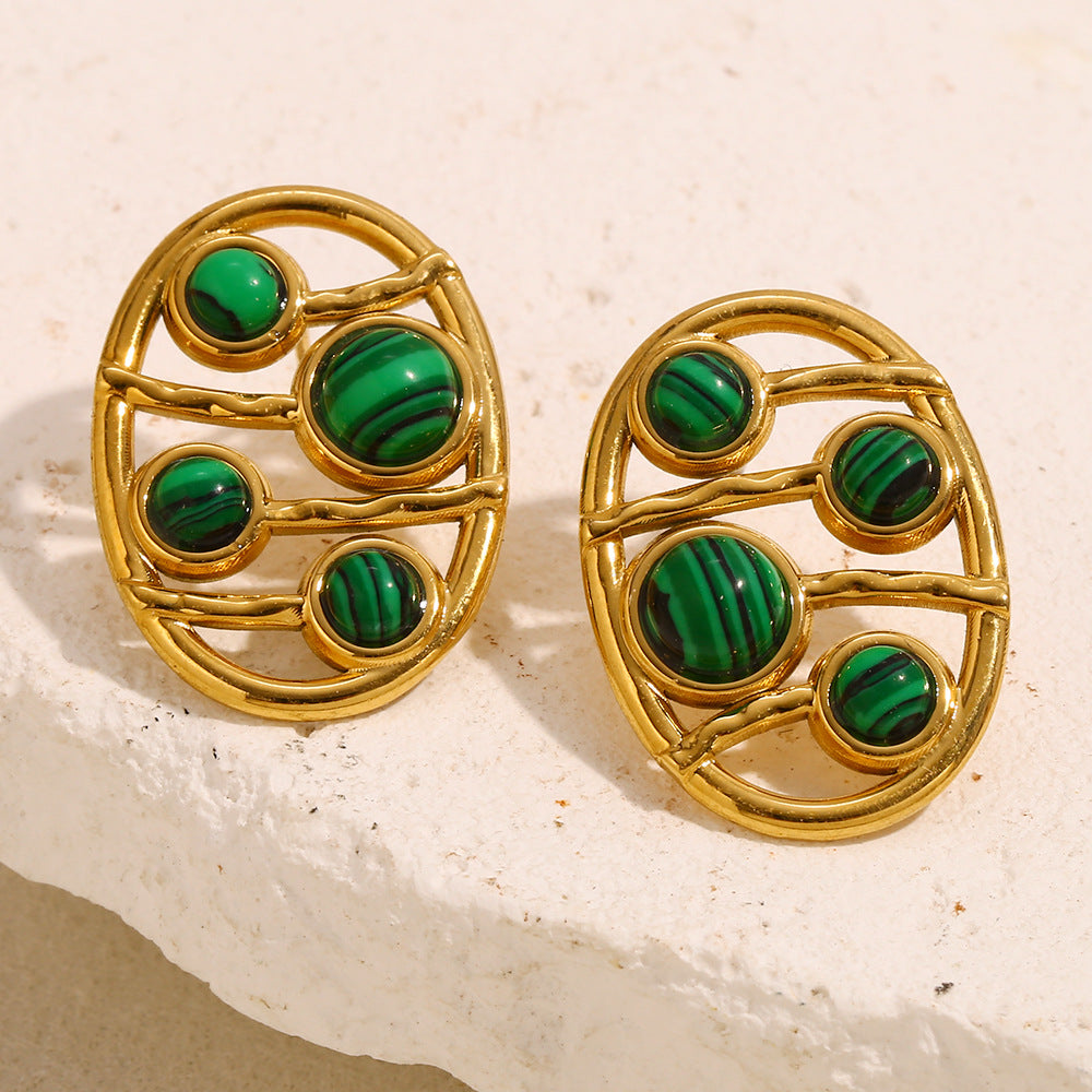 Vintage Geometric Stainless Steel Earrings with 18K Gold Plating, Hollow Oval Malachite Studs for Women