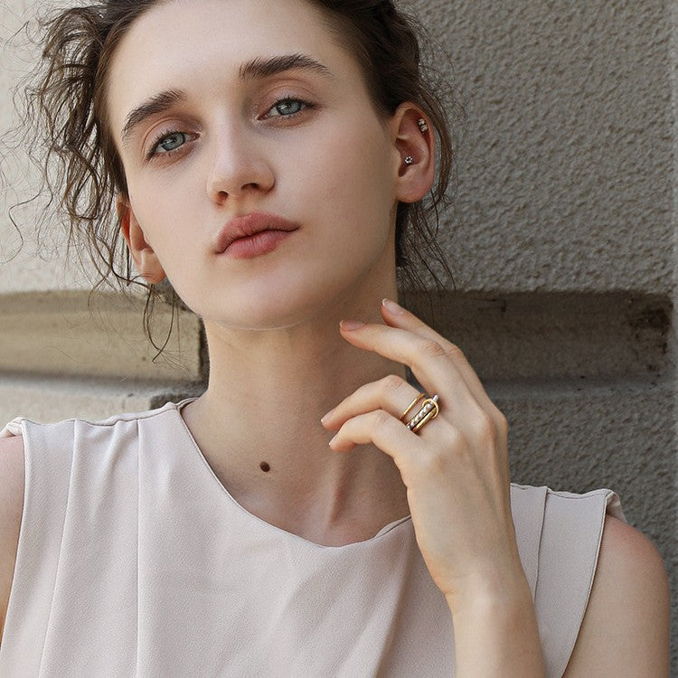 Minimalist Geometric Stainless Steel Ring Set with 18K Gold Plating and Simulated Pearl Accents for Women