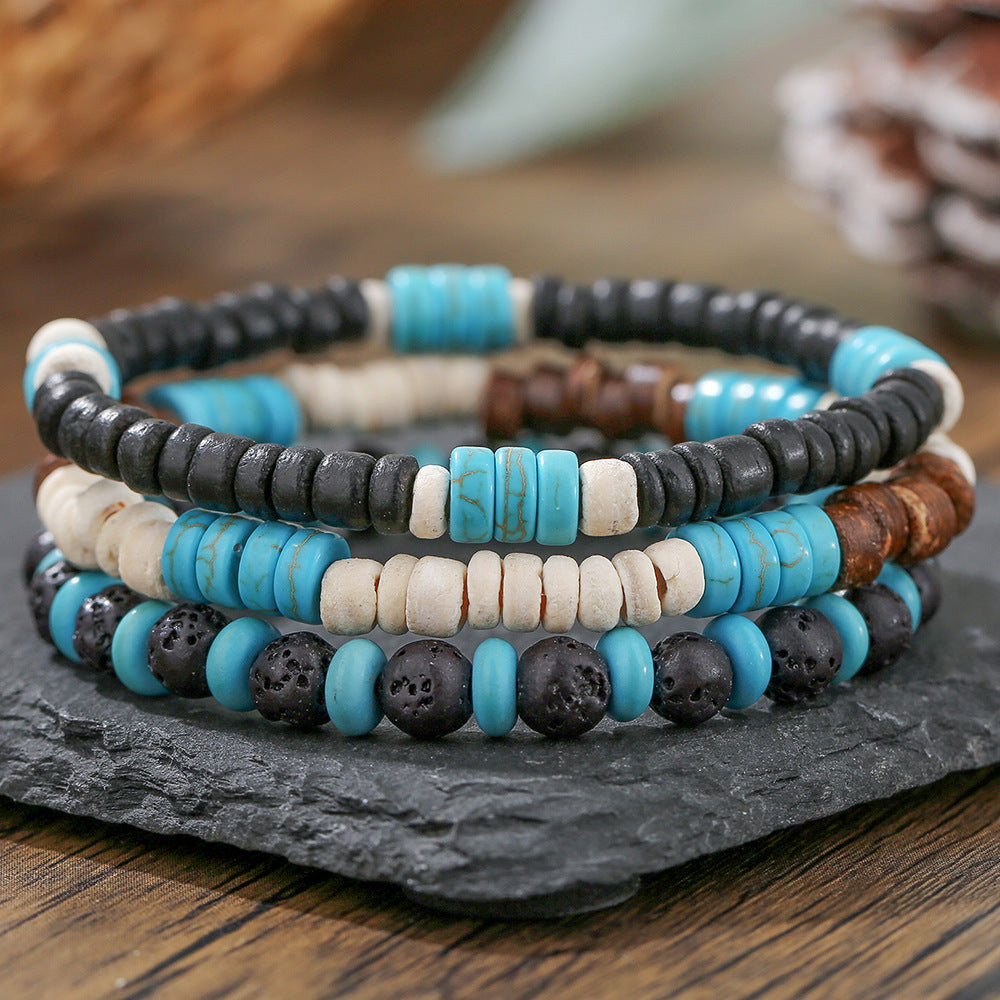 Vintage Handmade Round Wood Agate Turquoise Beaded Bracelet